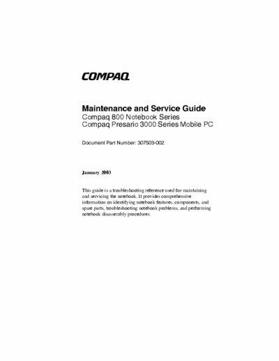 Compaq 800 Notebook Series Maintenance and Service Guide
Compaq 800 Notebook Series
Compaq Presario 3000 Series Mobile PC